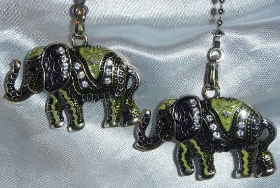 Set Of Two Beautiful Elephant Green Colored Rhinestone Ceiling Fan Light Pull Chains Great Gifts