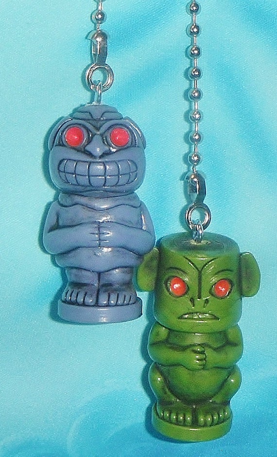 Set Of Two Tiki Pole Statue Purple Green Hawaii Tropical Ceiling Fan Pulls Great Gifts