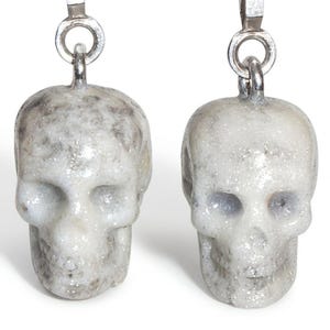 May include: A pair of skull-shaped earrings. The earrings are a light gray color with a glittery, speckled texture. Each skull has detailed facial features and a silver-colored loop at the top for hanging.