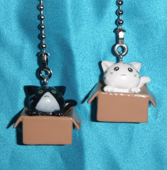 Set Of Two Kitty Cat Hiding In A Box Tabby White Black Gray Cats Ceiling Fan Light Pull Chains Great Gifts