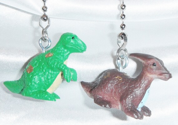 Set Of Two Dinosaur T Rex Stego Triceratops Raptor Choose Brown Green Or Yellow Orange Ceiling Fan Light Pull Chains Great Gifts
