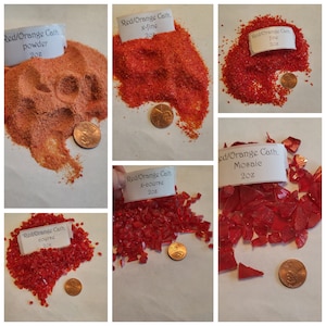 May include: Six bags of red and orange crushed glass, labeled with different sizes: powder, x-fine, fine, course, x-course, and mosaic. Each bag is next to a US penny for scale.