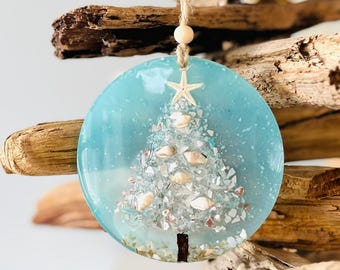 Coastal Christmas Tree Ornament: Silver Crushed Glass Tree, Aqua Background, Starfish, Driftwood, Resin, Holiday Tree Decor
