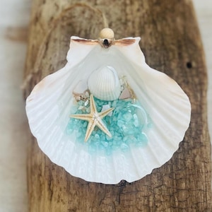 Scallop Shell Christmas Ornament: Starfish, Glass, Crushed Shells & Blue Stone