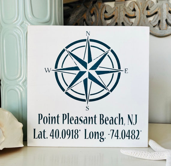 Custom Town Compass Sign With Coordinates and Latitude and Longitude, Nautical, Down The Shore Sign, Beach House, Shore Decor, Shore Town