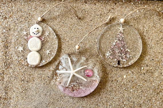 Pink Christmas Ornaments, Set of Three Beachy Ornament, Handmade Holiday Decor, Snowman Ornament, Tree Ornament, 2026 Ornament