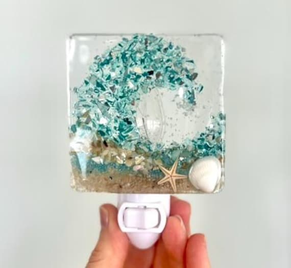 Coastal Beach Ocean Wave Night Light, Blue Crushed Glass, Shells, Resin, Starfish, Nursery, Resin Art, Bathroom, Fisherman Aesthetic, Sea