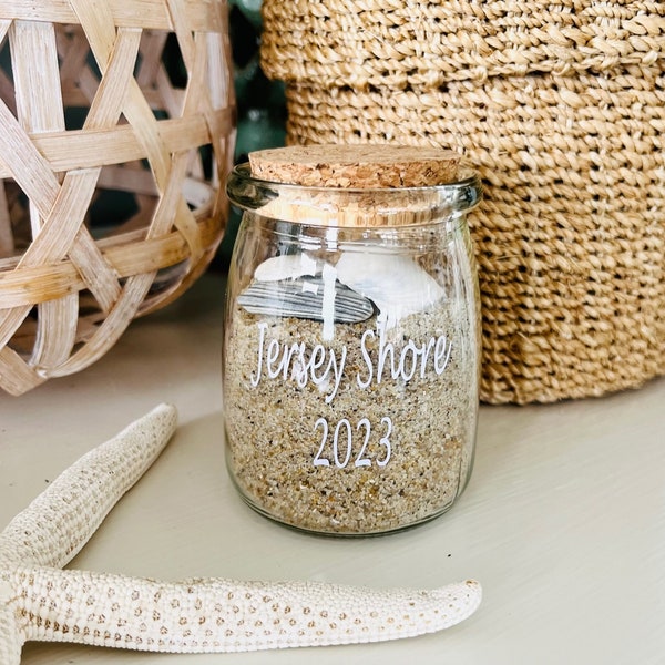 Shell Jar, Beach, Sea Glass, Sand Keepsake, Sand Holder Jar with Lid, Vacation Treasures, Beach Wedding Favor, Wine Cork Display, Food Jar