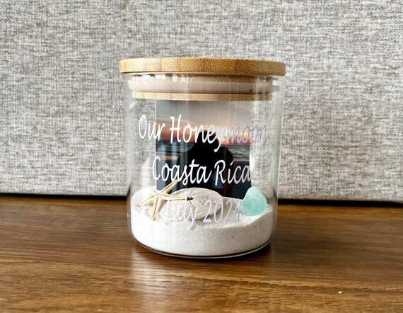 Personalized Honeymoon Glass Jar With Lid: Custom Wedding Container For Sand, Shells, Sea Glass, Treasures, Vacation Memories, Shore House
