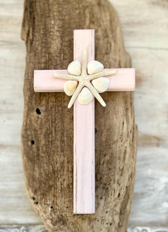 Baptism Cross, Shell Cross, Wood Wall Cross, Beach House, Beach Bedroom, Surf Nursery, Coastal, First Communion, New Baby, Girl, Boy, Shore