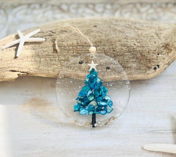 Coastal Christmas Ornament: Blue Glass Tree, Shells, Starfish, Driftwood