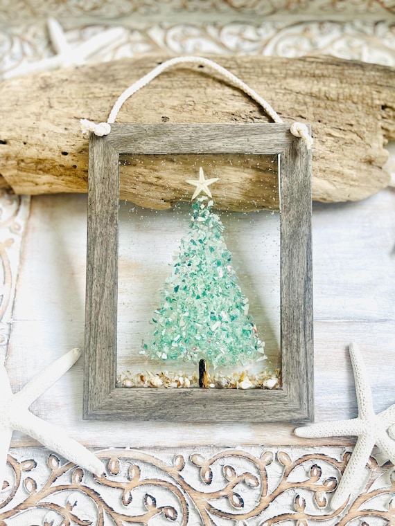 Coastal Aqua Christmas Tree With Glass, Shells, Starfish, Beachy Christmas, Sea, Glass Christmas Ornament, Resin Art, Handmade in the USA