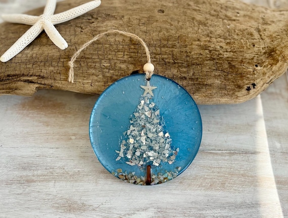Blue Christmas Ornament, Blue Christmas, Blue Themed Holiday, Hanukkah Ornament,  Starfish, Shells, Blue Sea Glass Resin Art, Handcrafted