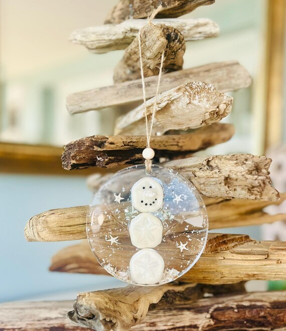 Snowman Ornament With Sand Dollar and Shells, Coastal Christmas Ornament, Snowman On Beach, Crushed Glass, Starfish, Resin, Holiday Decor