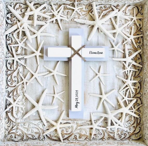 Coastal Baptism Wood Wall Cross, Personalized Cross, Beachy Wedding Cross, Gift For New Baby, First Holy Communion Gift, Gift For Godchild