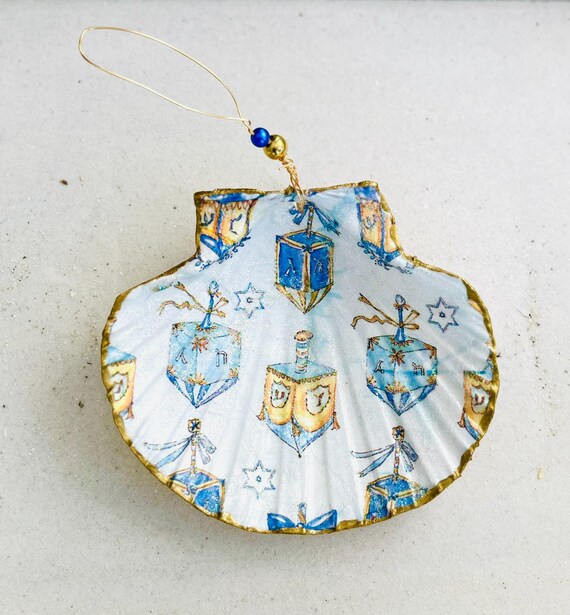 Coastal Scallop Shell Hanukkah Ornament, Dreidel Ornament Star Of David, Christmaskuh Decor, Handmade Beachy Christmas, Blue Christmas