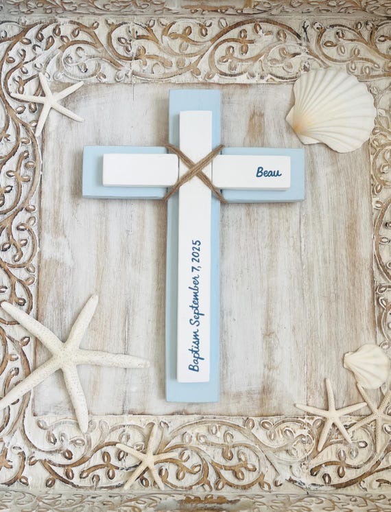Personalized Wood Wall Cross: Baptism Gift, First Communion Gift, Religious Wedding Gift, Beach Baby Nursery, Nautical Nursery, Beach House