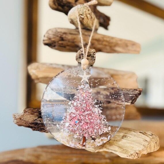 Pink Crushed Glass Coastal Christmas Ornament: Beachy Pink Christmas Decor