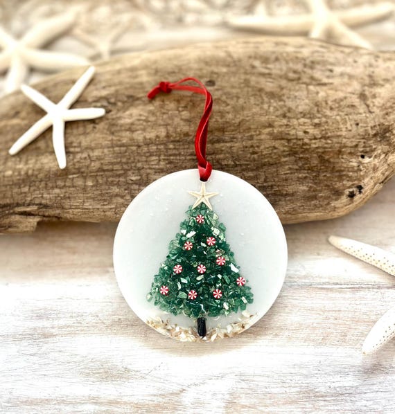 Coastal Christmas Ornament: Green Crushed Glass Tree, Starfish, Driftwood, Resin, Holiday Decor