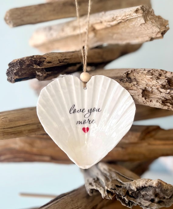 Valentine's Day Ornament, Love You More, Scallop Heart Shell, Gift For Mom, Wedding Gift, Anniversary