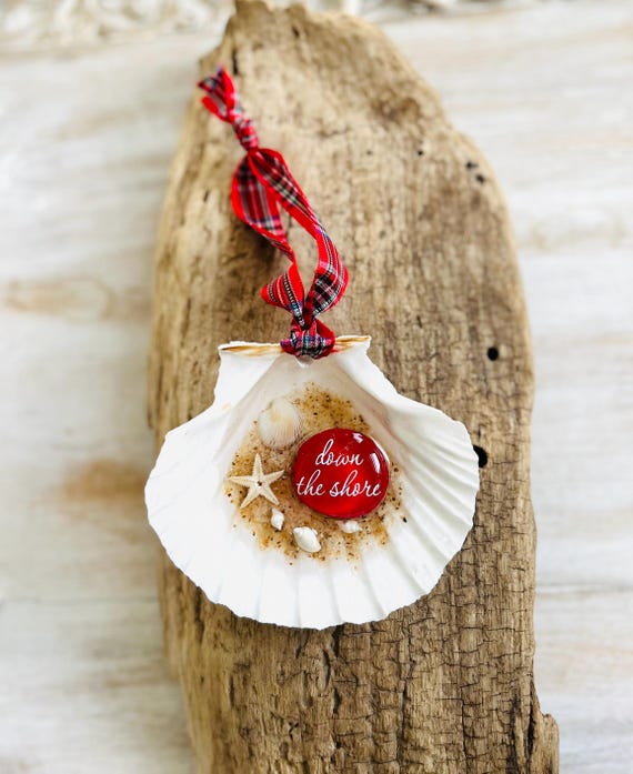 Down The Shore Scallop Shell Christmas Ornament, Coastal Christmas, New Jersey Beach Towns, Shell Ornament, Handmade, Red Ornament, Shore