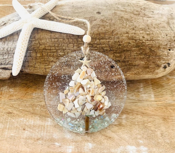 Coastal Christmas Ornament, Shell Christmas Tree Ornament, Beach, Beachy Christmas, Starfish, Glass Ornament, Resin Art, Crushed Shells