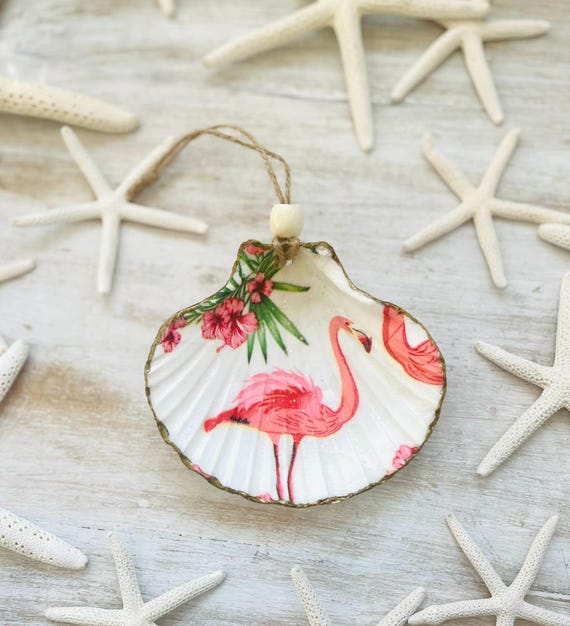 Coastal Christmas Ornament, Pink Flamingo Scallop Shell, Beach, Beachy Christmas, Shell Ornament, Christmas Tree, Coastal Christmas, Pink