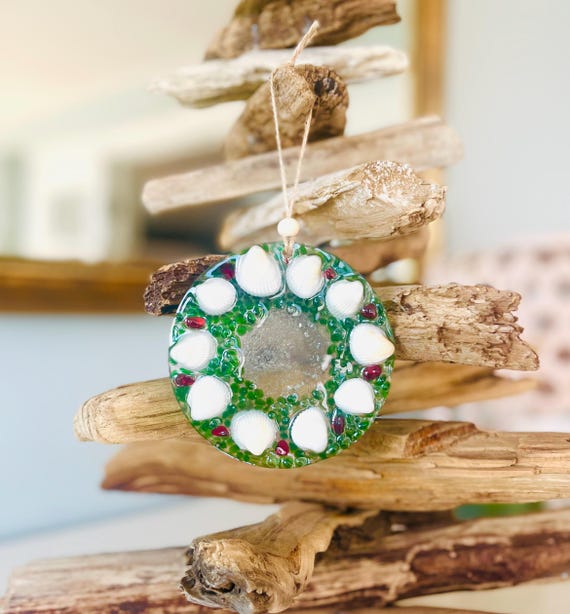 Coastal Shell Wreath Ornament: Starfish, Resin Art Beachy Christmas