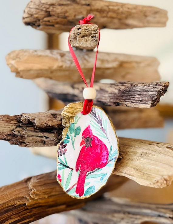 Cardinal Oyster Shell Christmas Ornament: Coastal Holiday Decor, Red Ornament, Gift For Loss or Grief, Sign of Hope and Love