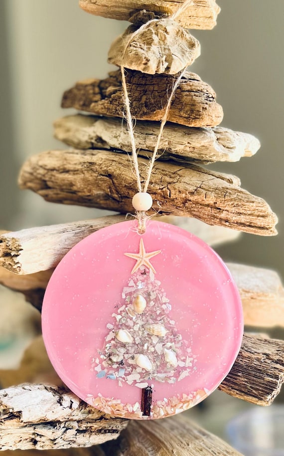 Handmade Pink Ornament, Pink Christmas, Shells, Starfish, Driftwood, Resin, Holiday Tree Decor, Coastal Ornament