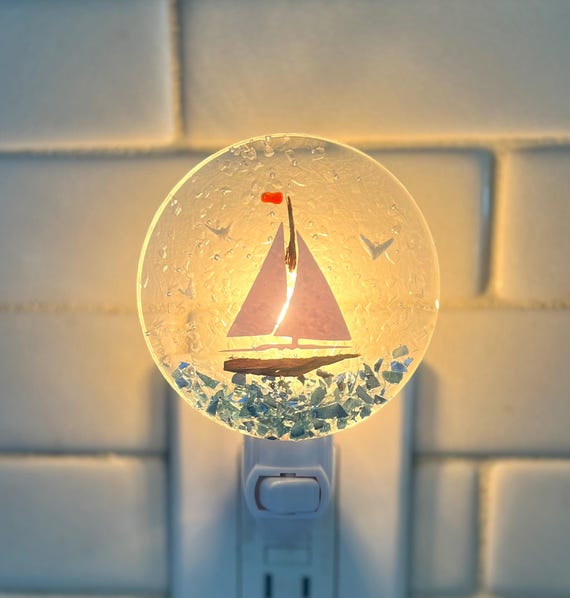 Sailboat Night Light With Sea Glass, Driftwood and Shells For Coastal Beach House, Bathroom Or Nursery