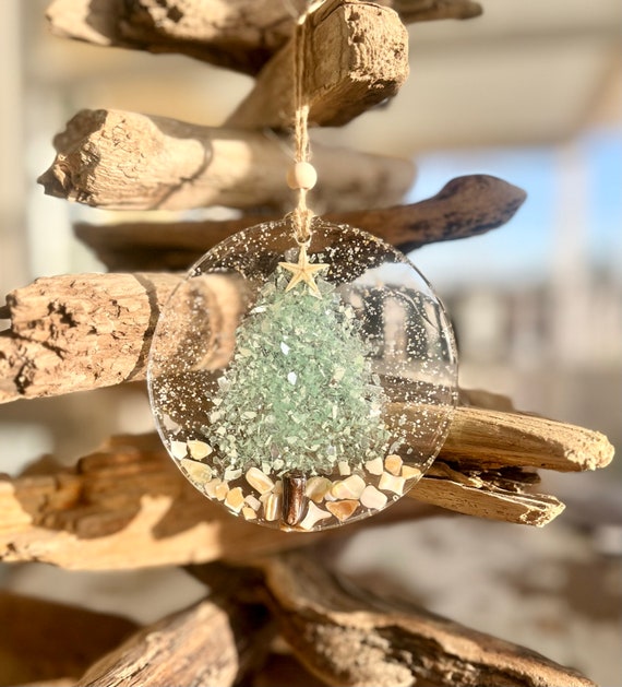 Coastal Christmas Ornament, Aqua Christmas Tree With Shells, Beach, Beachy Christmas, Starfish, Glass Ornament, Resin Art, Crushed Shells