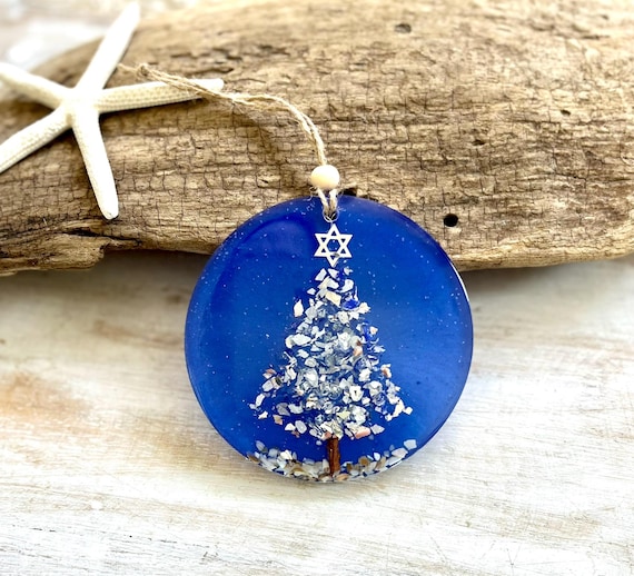 Coastal Blue Hanukkah Ornament, Crushed Silver Glass, Star Of David, Christmaskuh Holiday Decor, Handmade Beachy Christmas