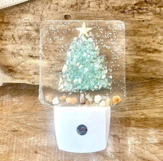 Coastal Christmas Night Light, Aqua Christmas Tree With Crushed Shells, Beach, Beachy Christmas, Starfish, Night Lite, Resin Art, Bathroom