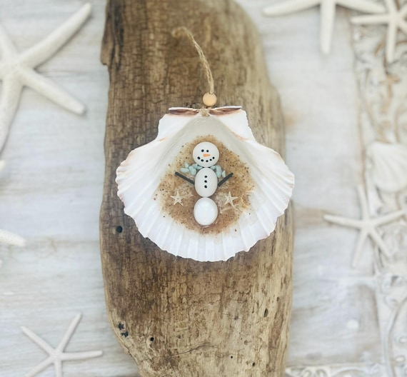 Snowman Christmas Ornament: Scallop Shell, Beachy Sand, Jersey Shore, Beachy Coastal Decor