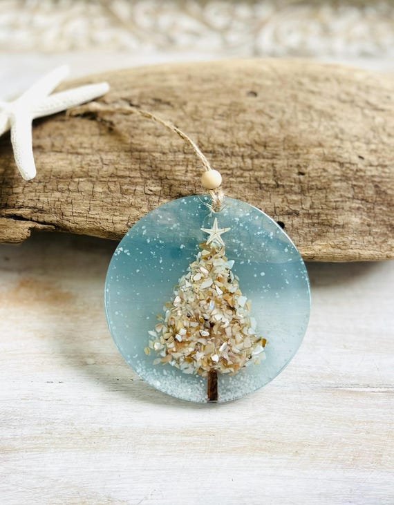 Coastal Christmas Tree Crushed Shell Ornament: Resin Art, Driftwood, Starfish, Light Blue Ornament