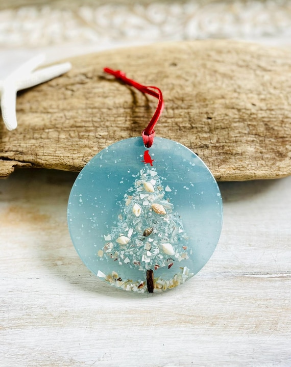 Coastal Christmas Tree And Cardinal Ornament: Silver Crushed Glass And White Stone, Starfish, Driftwood, Resin, Beachy Christmas Decor