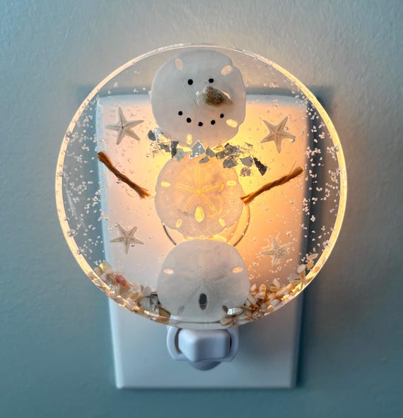 Snowman Night Light, Crushed Glass and Sand Dollar Light, Coastal Night For Beach House, Nursery, Christmas And Winter Holidays