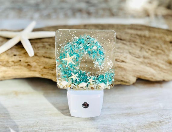Coastal Beach Ocean Wave Night Light, Crushed Glass, Shells, Resin, Starfish, Night Lite, Resin Art, Bathroom, Surf, Sea Life, Seashells