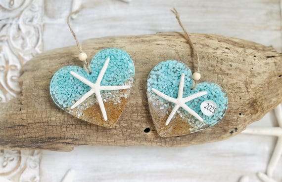 Coastal Heart Ornament, Resin Beach Ornament, Beach Wedding Gift, Gift For Mom, Starfish Ornament, Shell, Sand, Beach Lover, Jersey Shore