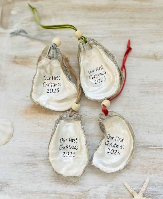 Our First Christmas Oyster Shell Christmas Ornament: Coastal Holiday Decor, Gift For Newlywed Couple, Wedding Gift