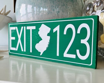 Señal de salida personalizada de New Jersey Parkway: Garden State, ¿Qué salida?, Salida 98, Salida 114, Salida 0, etc. Señal de Shore Town