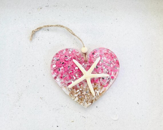 Coastal Heart Suncatcher Ornament: Flamingo Pink Crushed Glass, Starfish, Shells, Sand, Beachy Christmas, Gift For Friend, Mom, Teacher,