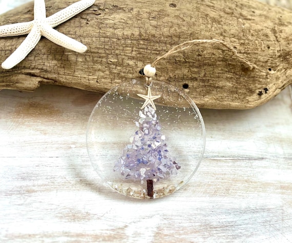 Handmade Coastal Christmas Ornament, Lavender Sea Glass, Shells, Starfish, Resin Art (4" Circle)