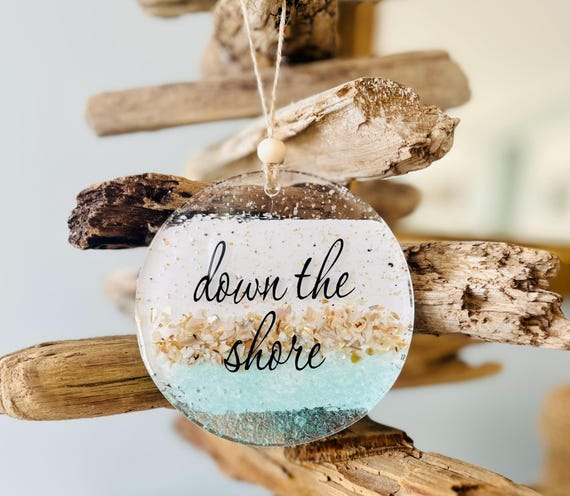 Down The Shore Coastal Christmas Ornament: Aqua Crushed Glass, Sand, and Resin For Your Beachy Christmas Decor