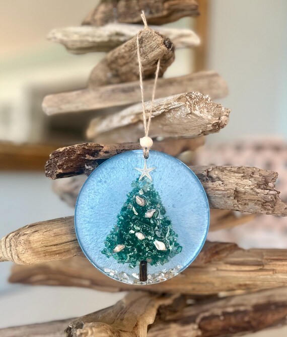 Coastal Christmas Ornament: Aqua Crushed Glass Tree, Starfish, Driftwood, Resin, Holiday
