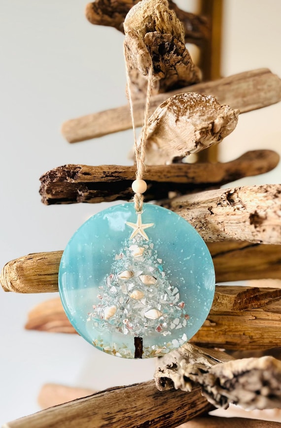 Coastal Christmas Tree Ornament: Silver Crushed Glass Tree, Aqua Background, Starfish, Driftwood, Resin, Holiday Tree Decor