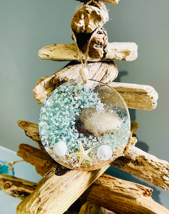Handmade Resin Wave Ornament, Coastal Christmas, Light Aqua Glass, Beach House Decor
