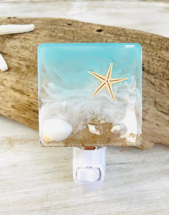 Beach Night Light, Ocean Wave Night Light, Sand, Starfish, Shells, Resin, Coastal Bathroom, Beach House, Down The Shore, Sun Sand Surf Shore