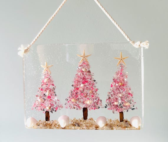 Pink Christmas Tree, Suncatcher, Handmade Pink Ornament: Crushed Glass Tree, Starfish, Driftwood, Resin, Beach Glass, Pink Holiday Decor